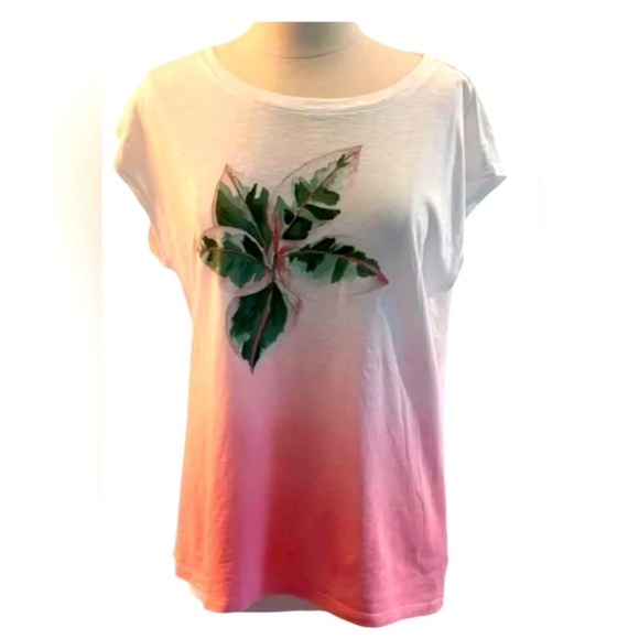 Talbots Pink Coral 🌸 and White Ombre Tee with Leaf Motif - Picture 2 of 5